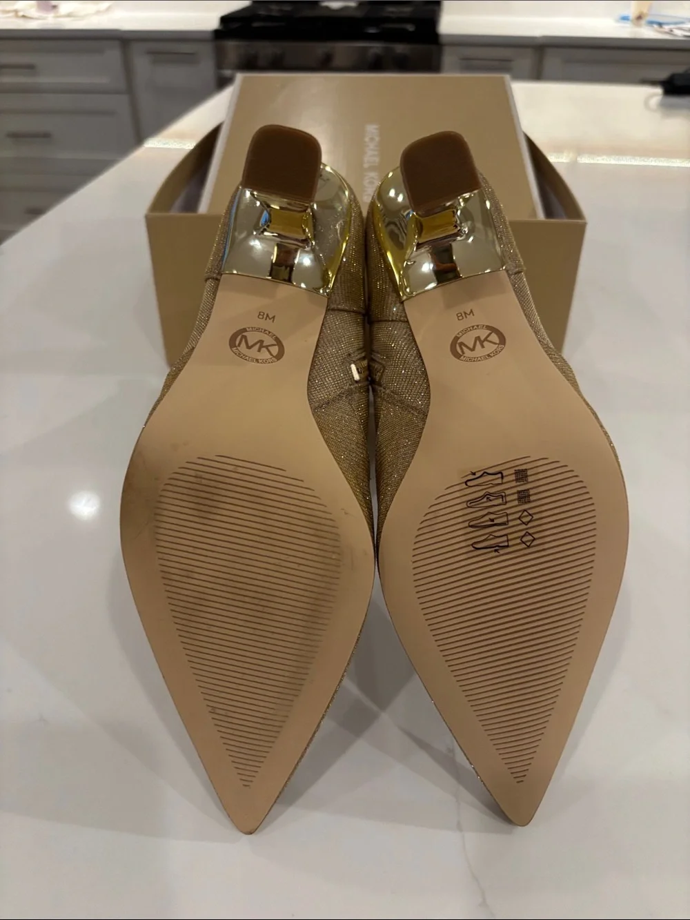 Michael Kors Camel Glitter Pointed-Toe Ankle Booties with Gold Heel